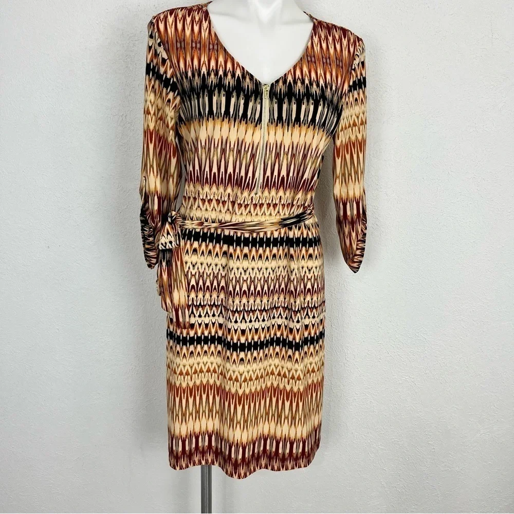 Tacera Black Rust and Maroon Midi Dress V Neck Gold Zipper Size M